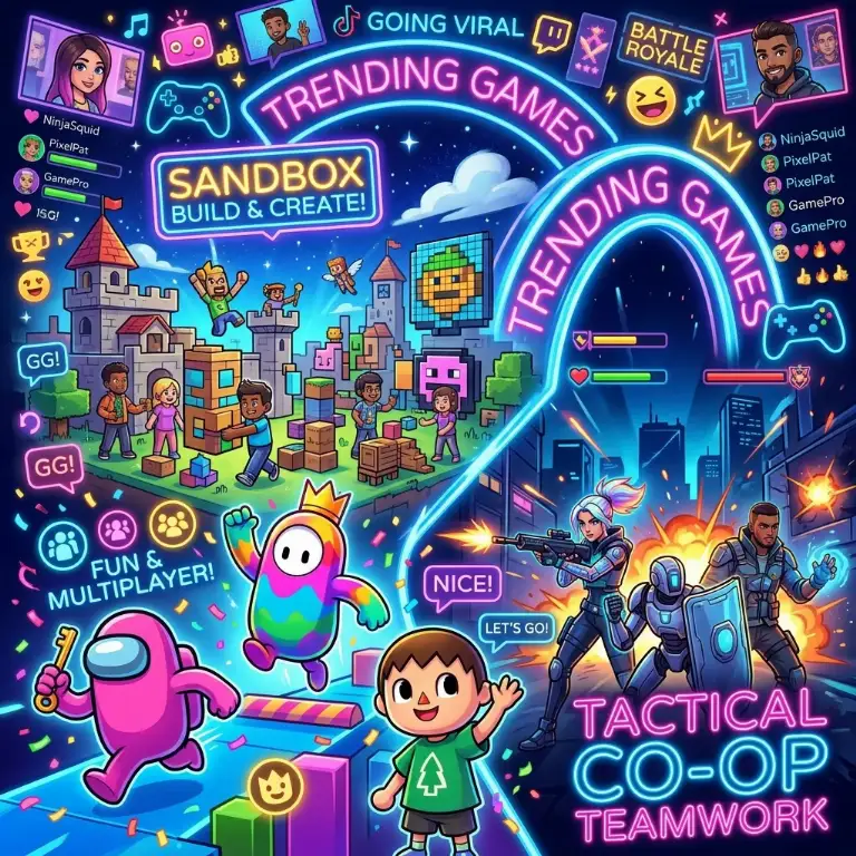 Colorful montage of viral video games and trending multiplayer titles