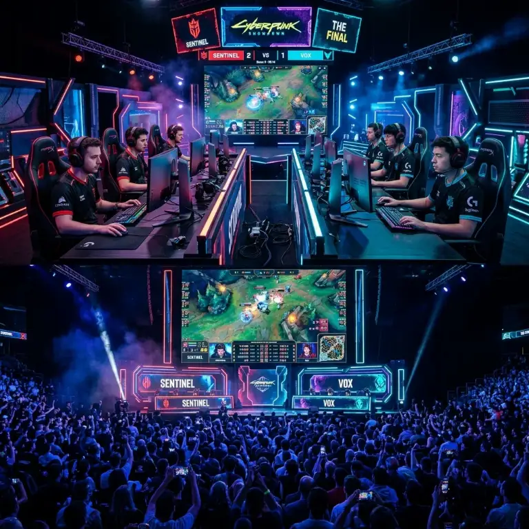 Competitive esports tournament arena packed with pro players and massive LED displays