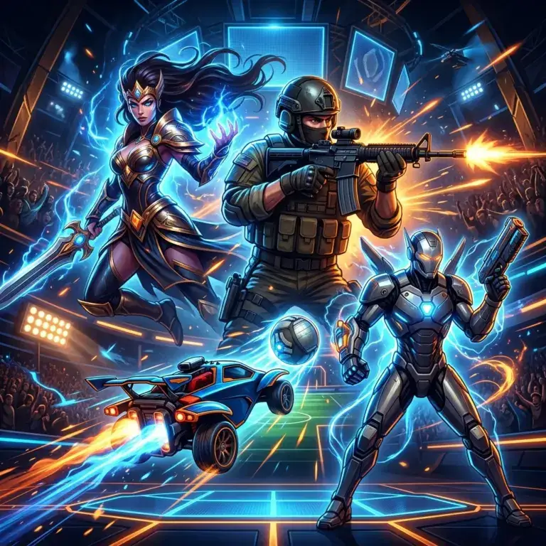Collage des meilleurs jeux e-sport et streaming : League of Legends, CS2, Valorant, Rocket League