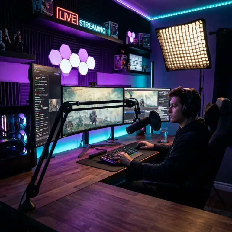 Modern streaming setup featuring multiple monitors, broadcast microphone, and ambient neon lighting