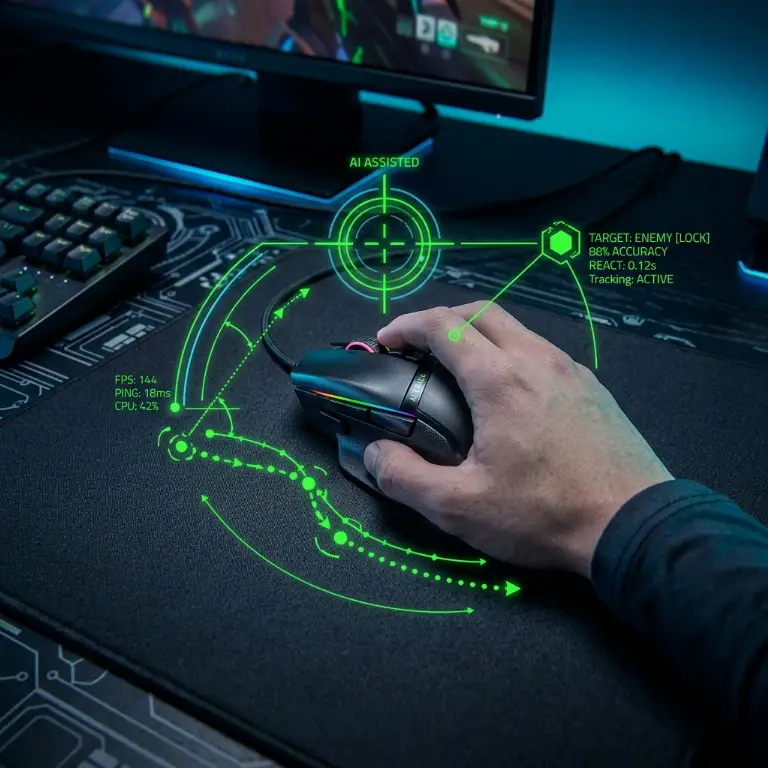 Black gaming mouse with luminous vector lines and target reticles simulating AI precision and trajectory tracking