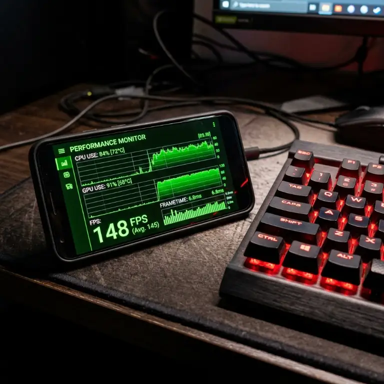 Performance stats and FPS framerate metrics displayed on a smartphone screen