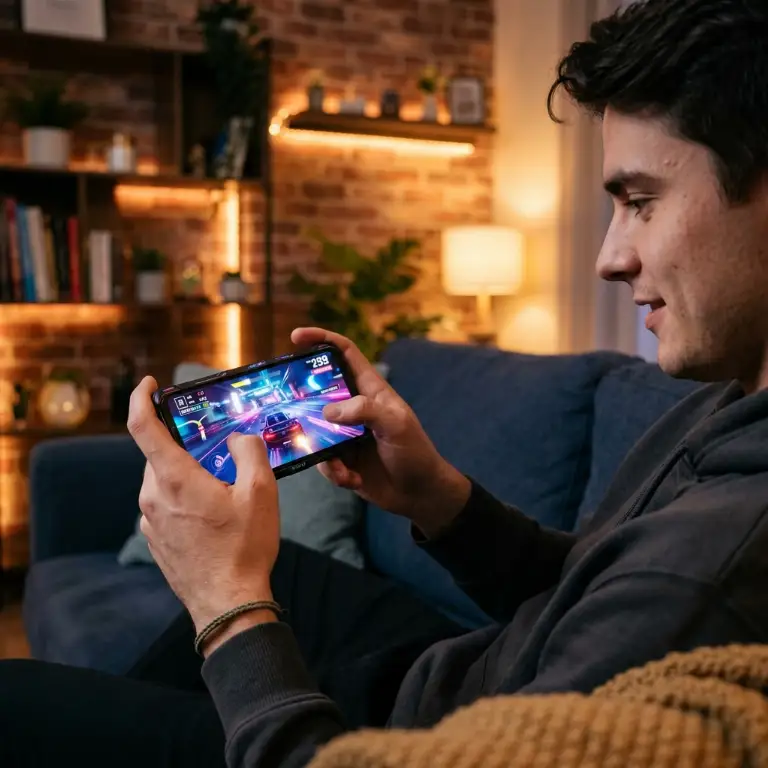 Mobile gamer playing with a mid-range smartphone in a cozy living room