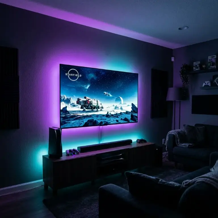 Living room console setup with controller and large 4K OLED TV illustrating display power draw