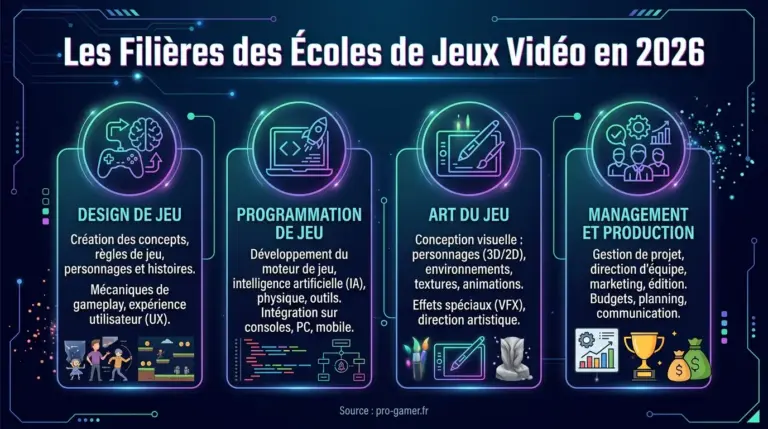 Infographie des filières des écoles de jeux vidéo en 2026 - Source pro-gamer.fr