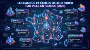 Carte des Gaming Campus et écoles de jeux vidéo en France - Source pro-gamer.fr