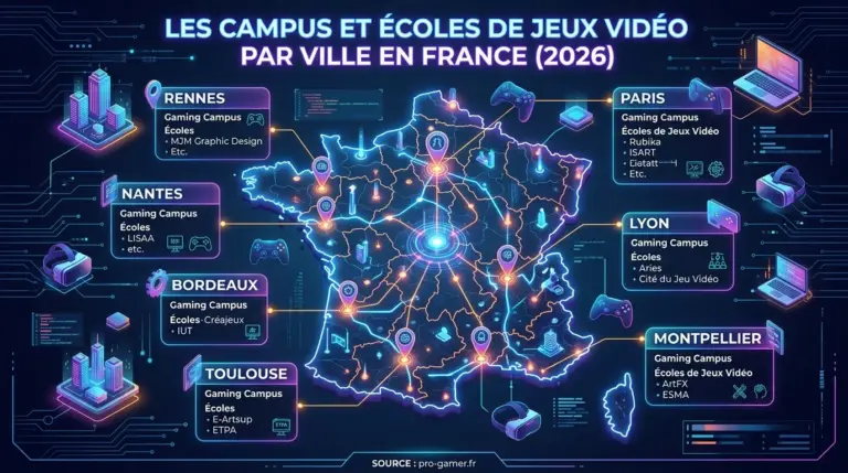 Carte des Gaming Campus et écoles de jeux vidéo en France - Source pro-gamer.fr