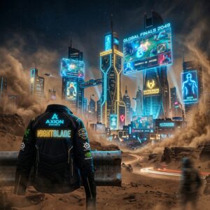 Ville futuriste avec ecrans holographiques dans le desert saoudien