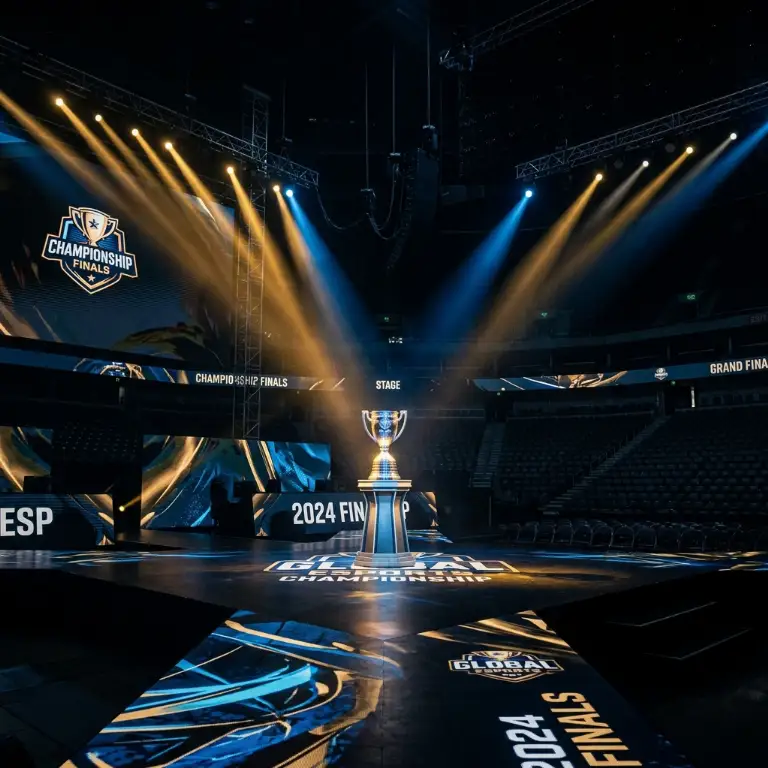 Esports championship trophy under stage spotlights