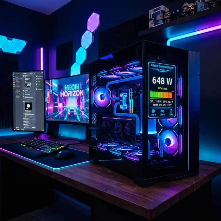 Modern Gaming PC Setup with Digital Power Wattage Display