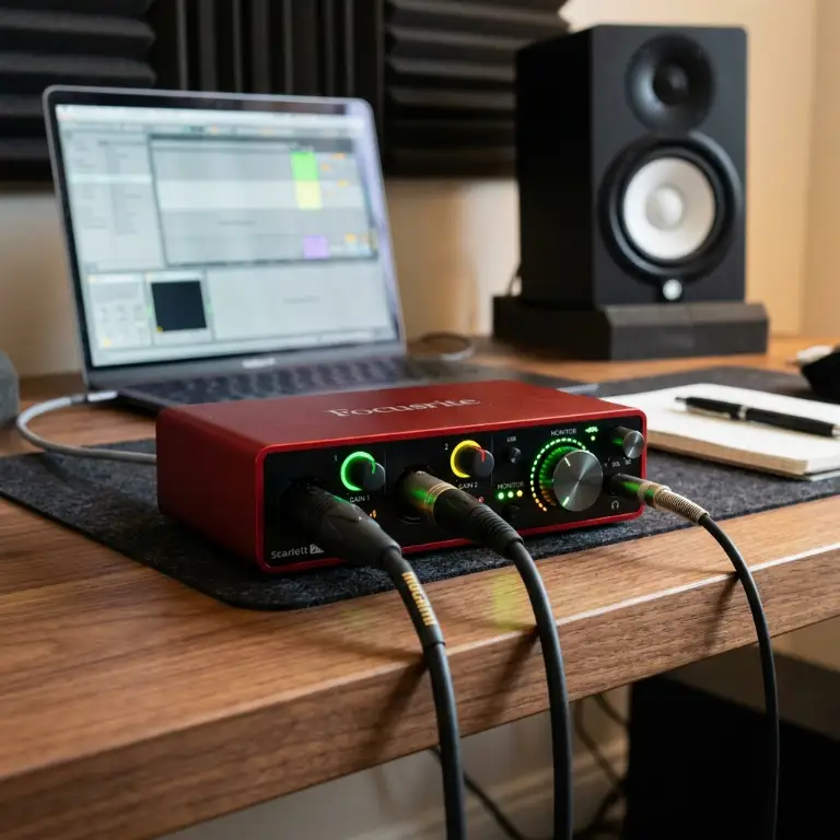 Focusrite Scarlett 2i2 4th Gen USB audio interface on a desk