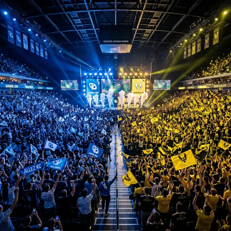 Karmine Corp and Team Vitality fans in the stands at the Adidas Arena
