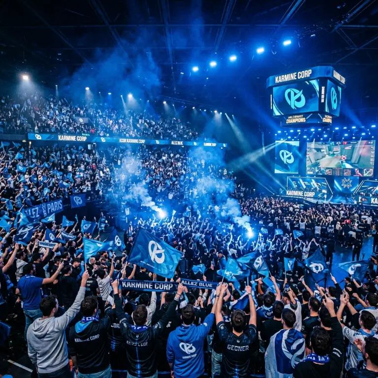 Karmine Corp supporters waving blue flags in the arena in Paris