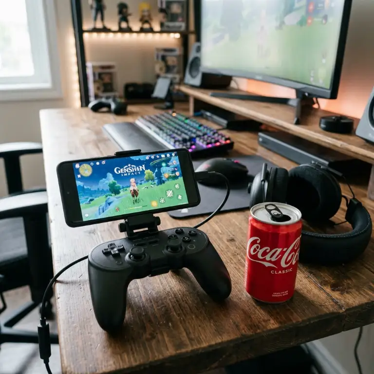 Xbox controller with mounted smartphone clip resting on a gaming desk