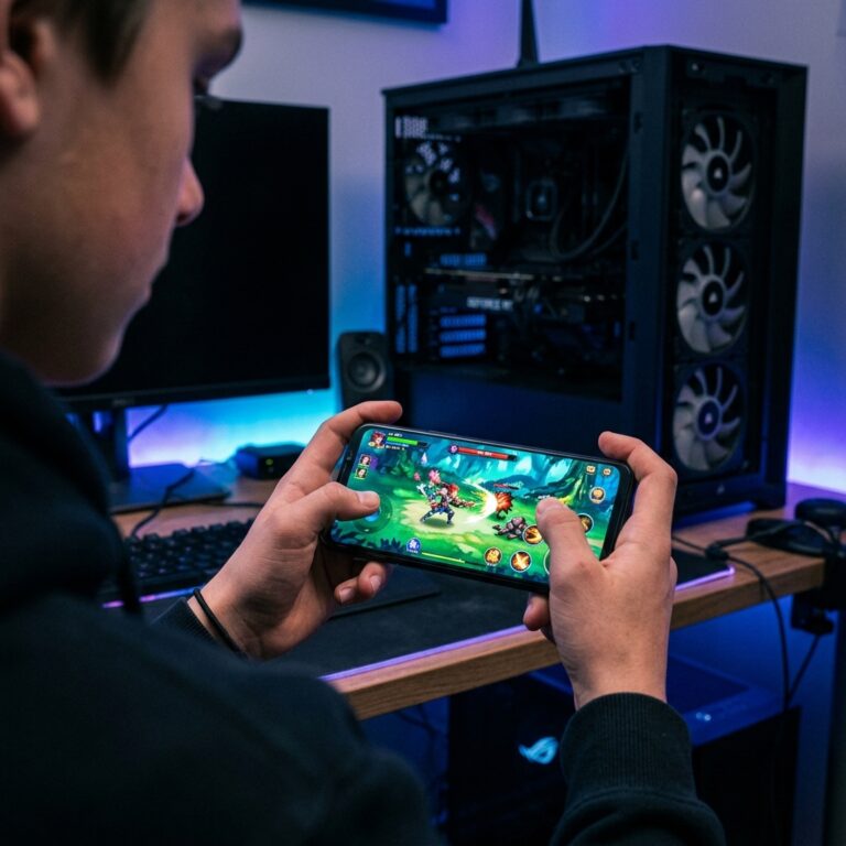 Mains de joueur tenant un smartphone en mode paysage avec PC eteint en fond