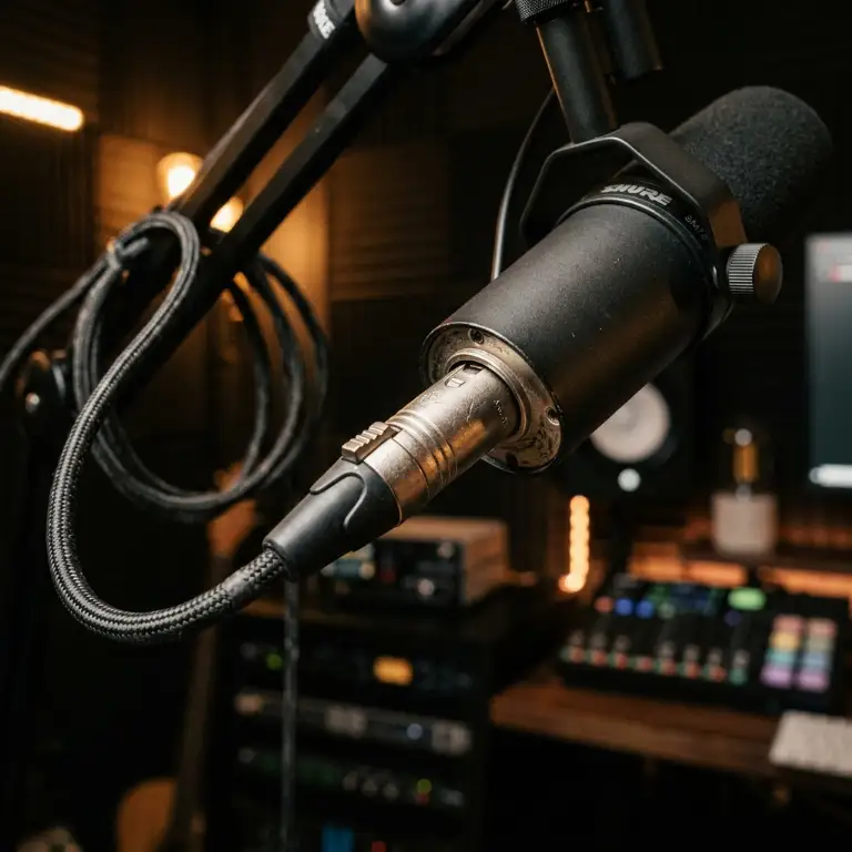Metal XLR connector plugged into a streaming microphone