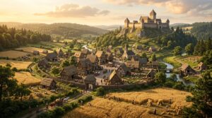 Vue aérienne d'une colonie médiévale et d'une forteresse dans Manor Lords