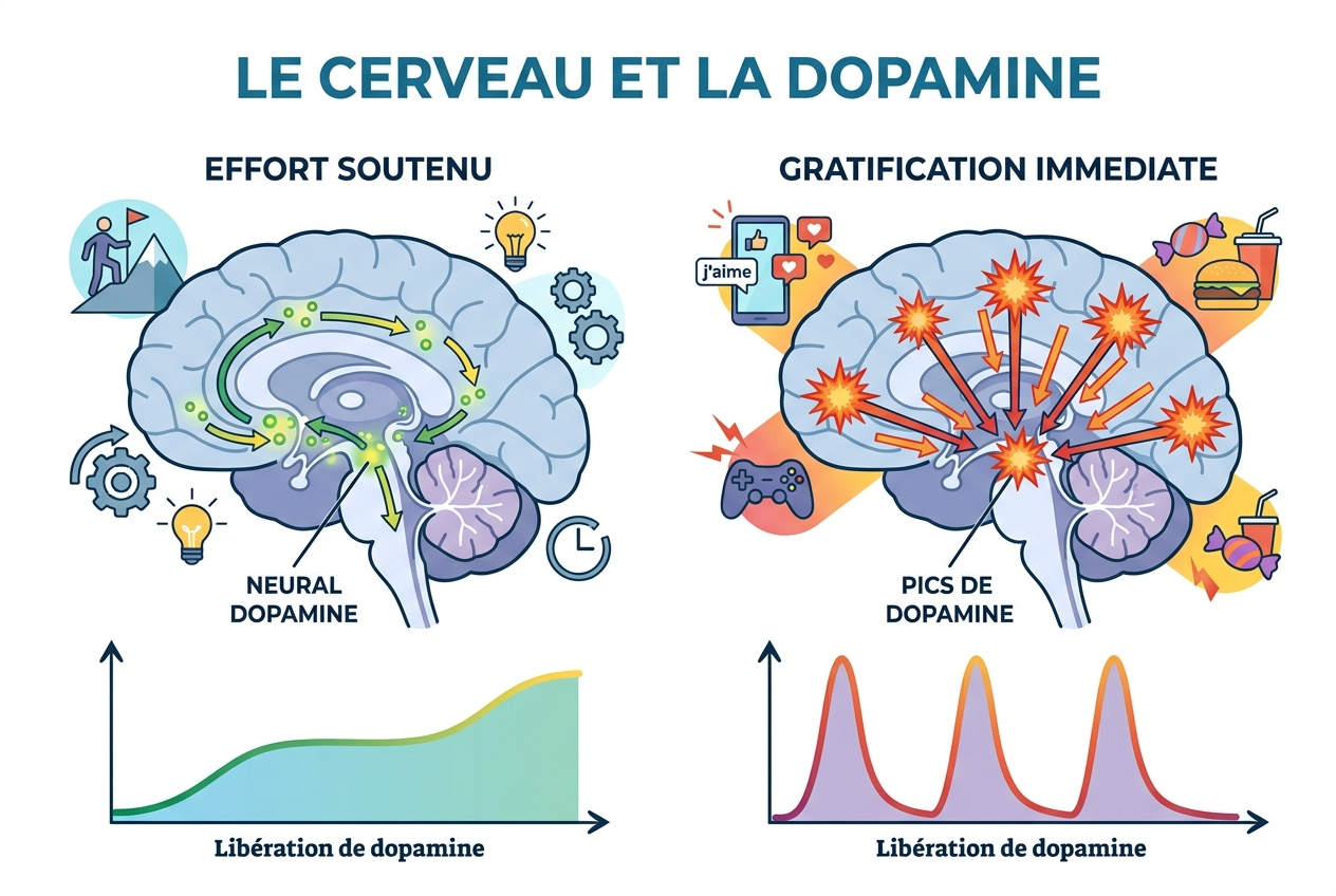 Infographic: The Brain and Dopamine - Sustained Effort vs Instant Gratification
