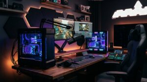 Deux ordinateurs de streaming de haut niveau avec eclairage RGB et table de mixage