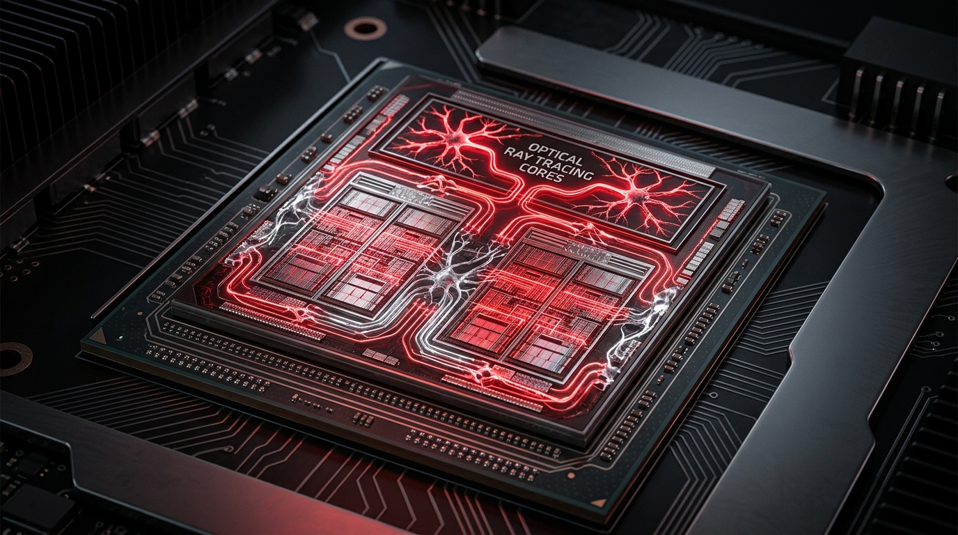 AMD RDNA 5 GPU silicon die featuring optical ray tracing and neural lighting processing units
