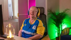 Cath Bowie grumpygran1948 at her gaming setup for her official Guinness World Record on Fortnite