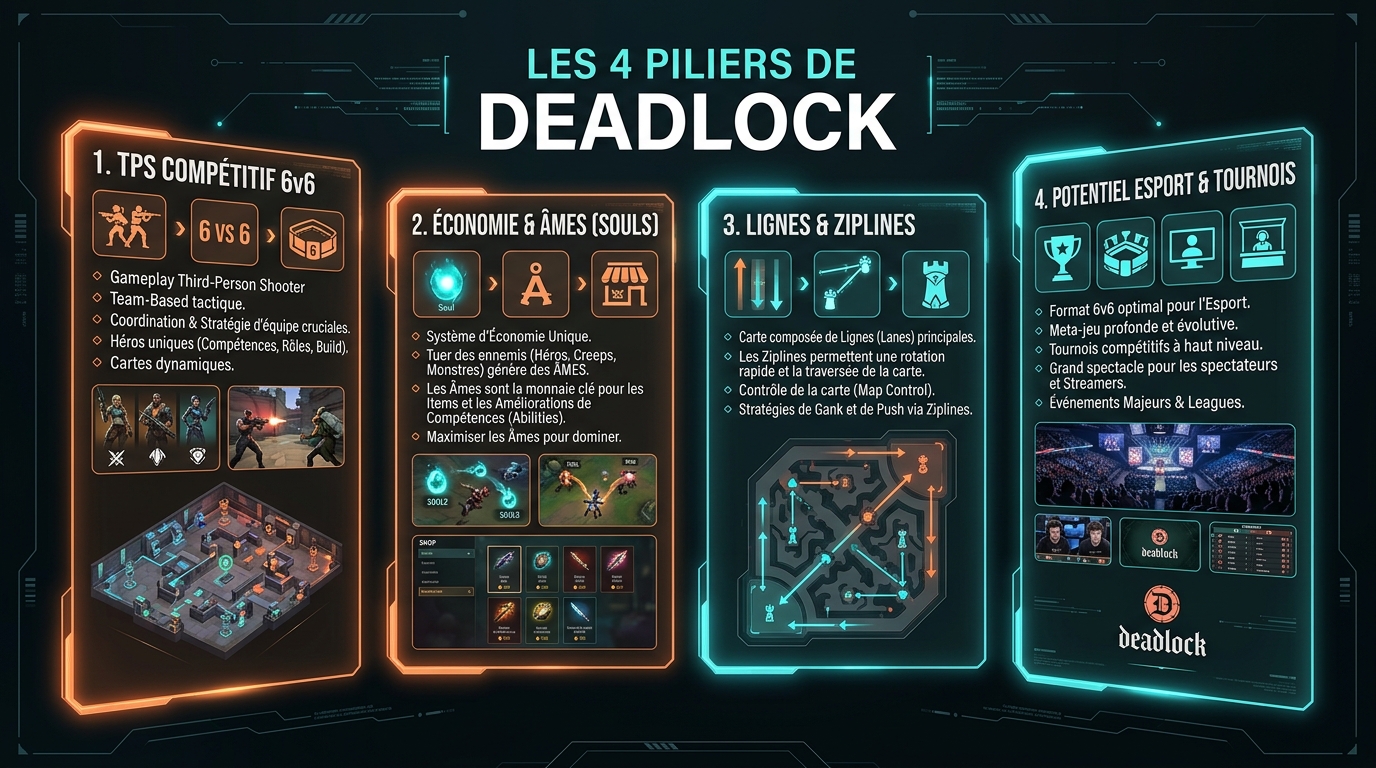 Infographic illustrating the 4 core gameplay and esports pillars of Valve's Deadlock