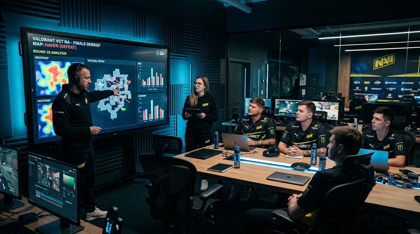 Esports coaching staff and analyst reviewing post-match heatmaps