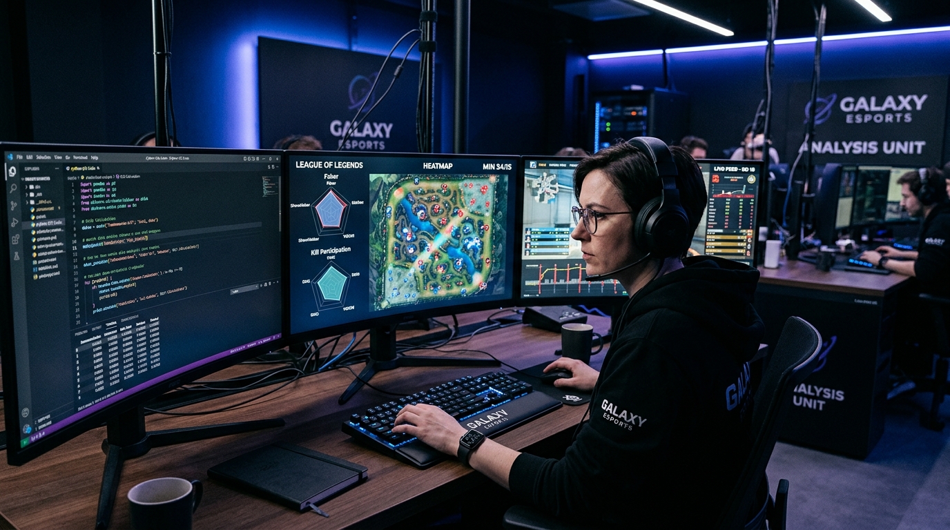Data analyst esport devant ses écrans de statistiques