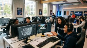 Étudiants en formation développement de jeu vidéo et esport dans un game lab moderne