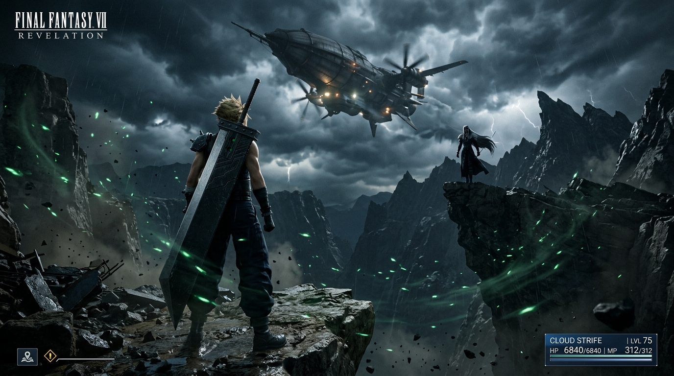 Cloud Strife face a Sephiroth et le Hautvent dans Final Fantasy 7 Revelation