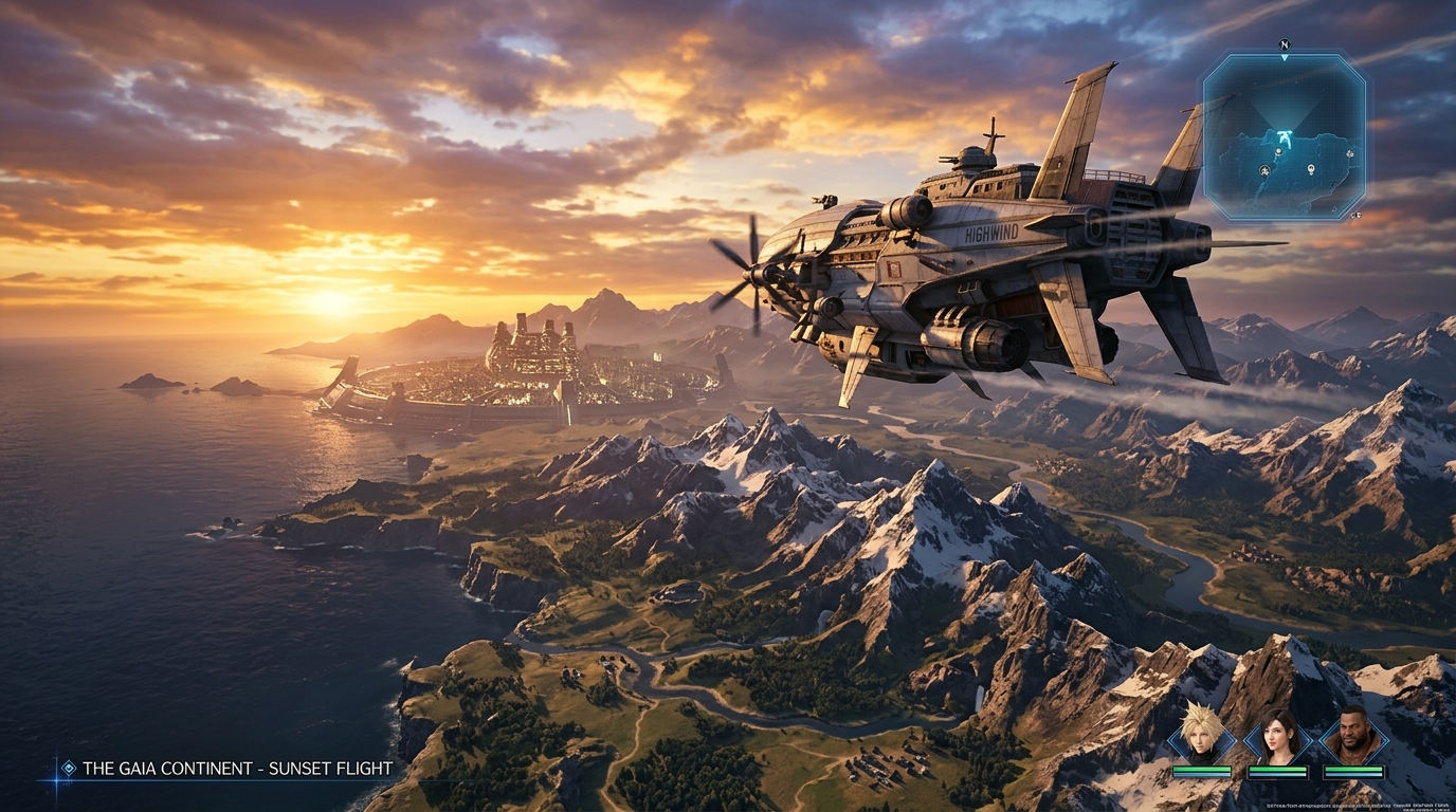 The Highwind airship soaring across the Final Fantasy 7 Revelation open world at sunset