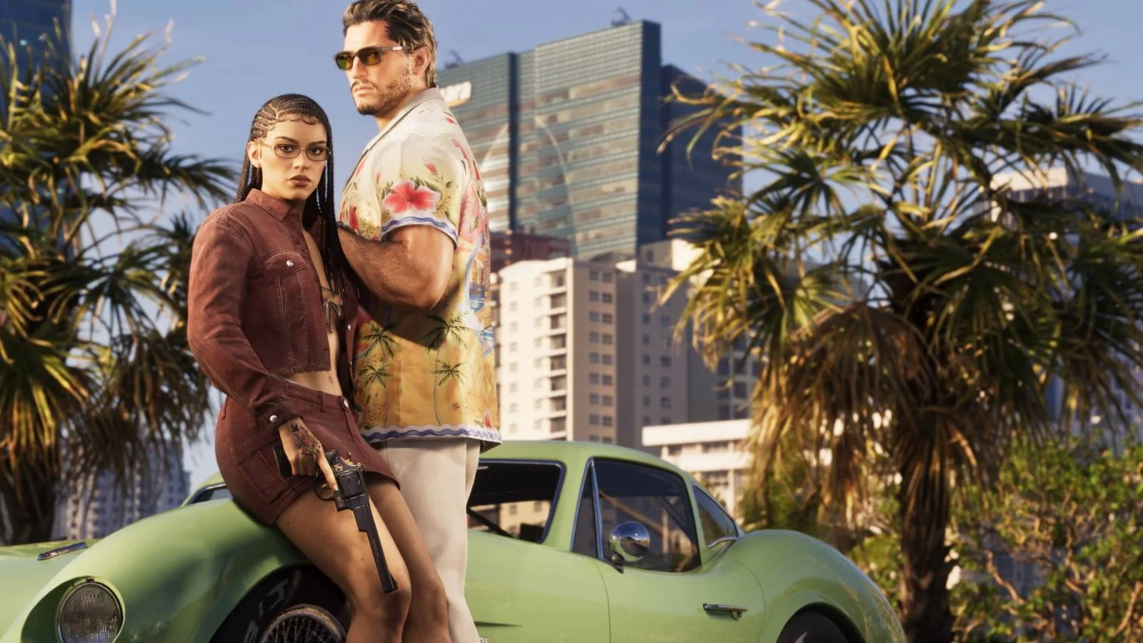 Jason and Lucia standing by a sports car in the streets of Vice City in GTA 6