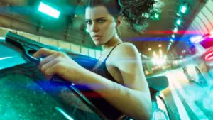 GTA 6 course poursuite avec la police de Vice City et Lucia arme au poing screenshot officiel