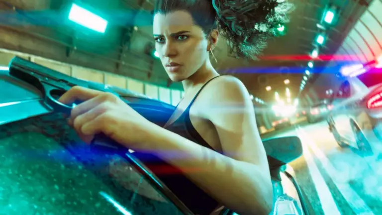 GTA 6 course poursuite avec la police de Vice City et Lucia arme au poing screenshot officiel