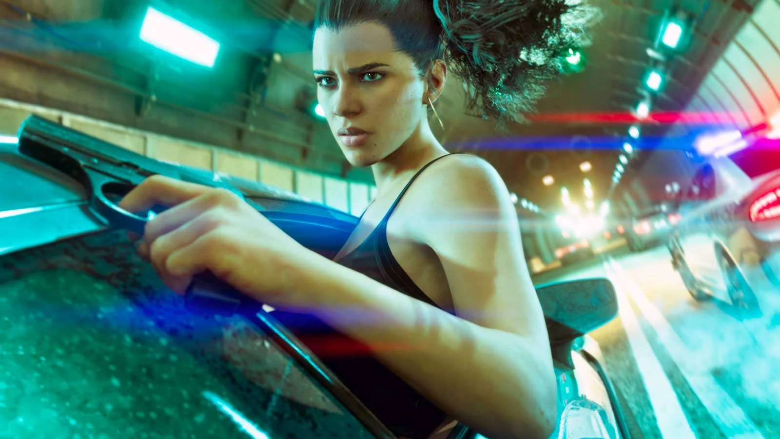 GTA 6 course poursuite avec la police de Vice City et Lucia arme au poing screenshot officiel