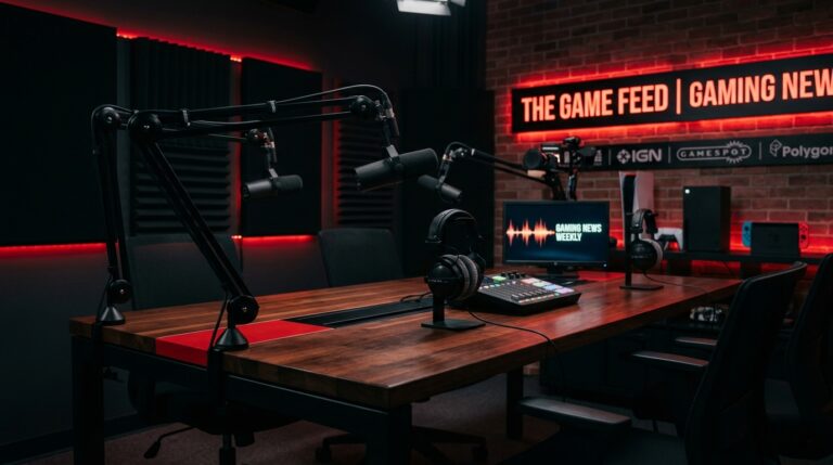 Gaming media podcast studio desk