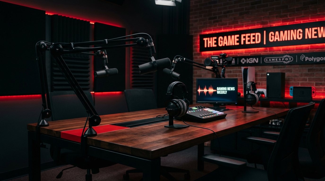 Gaming media podcast studio desk