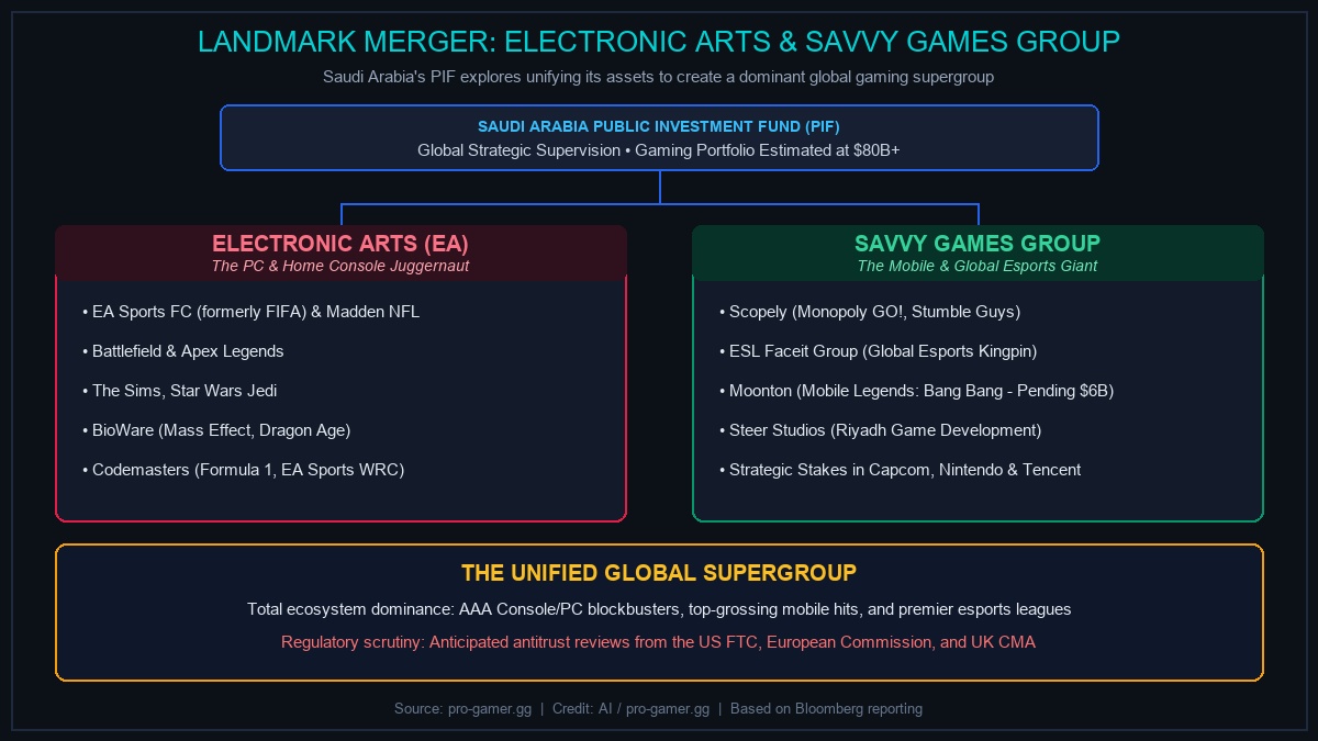 Infographic prospective merger between Electronic Arts and Savvy Games Group