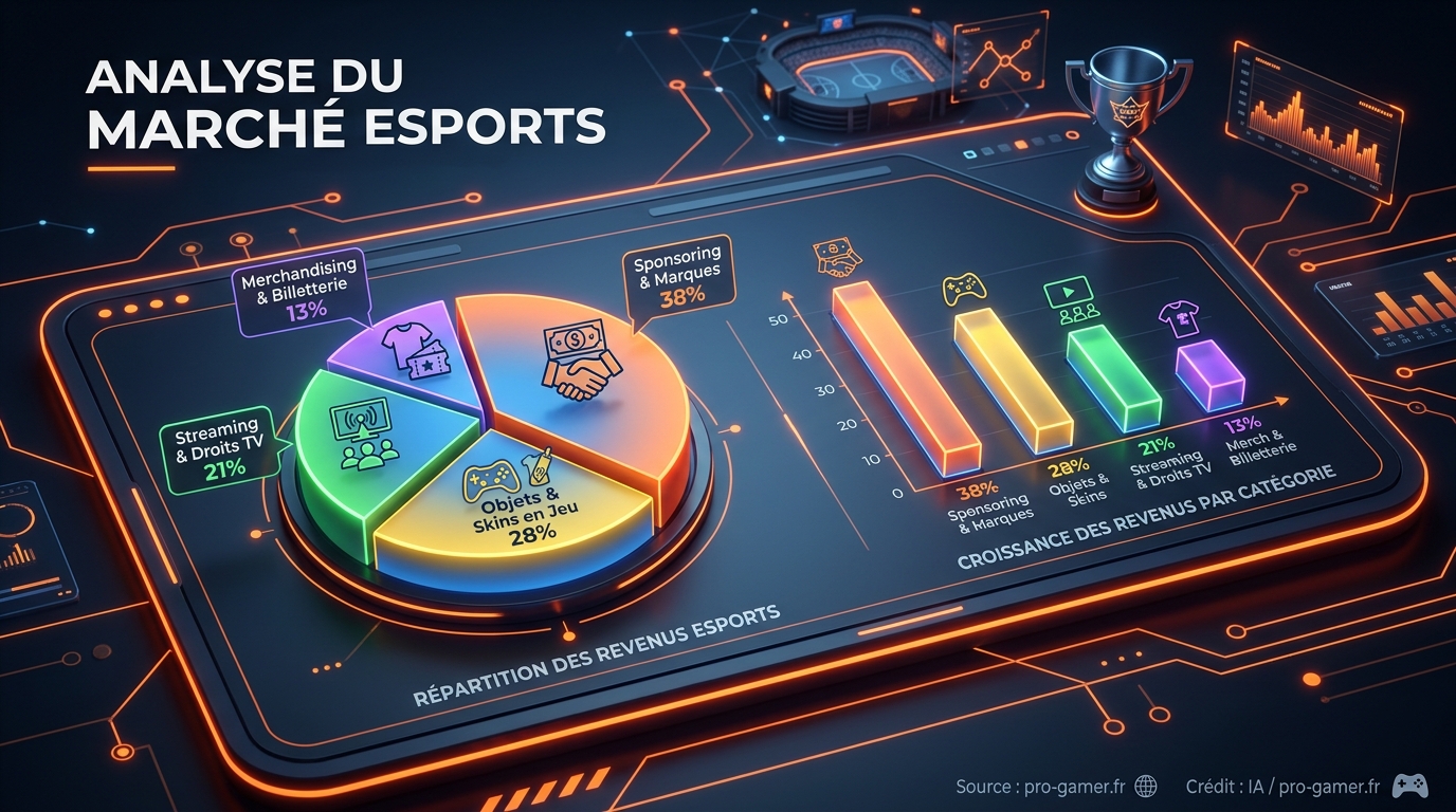 Infographic of 2026 esports revenue breakdown: Sponsorship 38%, In-game items 28%, Streaming 21%, Merchandising 13%