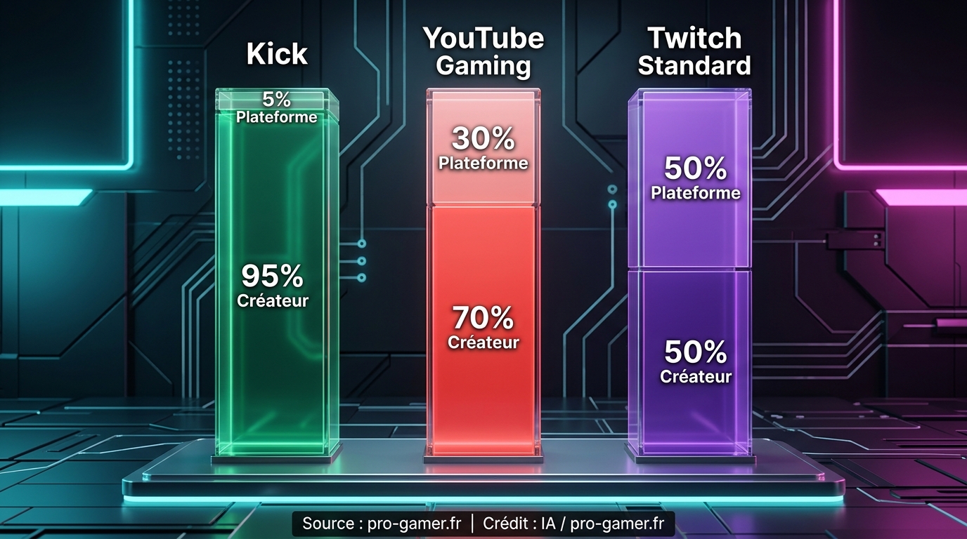 2026 streaming revenue split infographic: Kick 95%, YouTube Gaming 70%, Twitch 50%