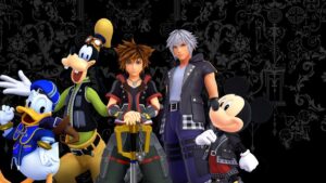 Sora wielding the Keyblade alongside King Mickey, Donald Duck, and Goofy