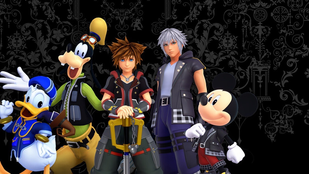 Sora wielding the Keyblade alongside King Mickey, Donald Duck, and Goofy