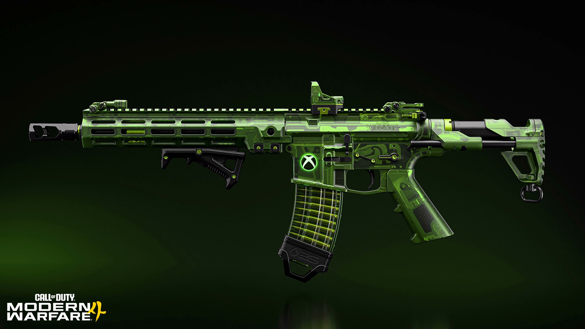 Full profile of the emerald green M4 Inner Circuit assault rifle