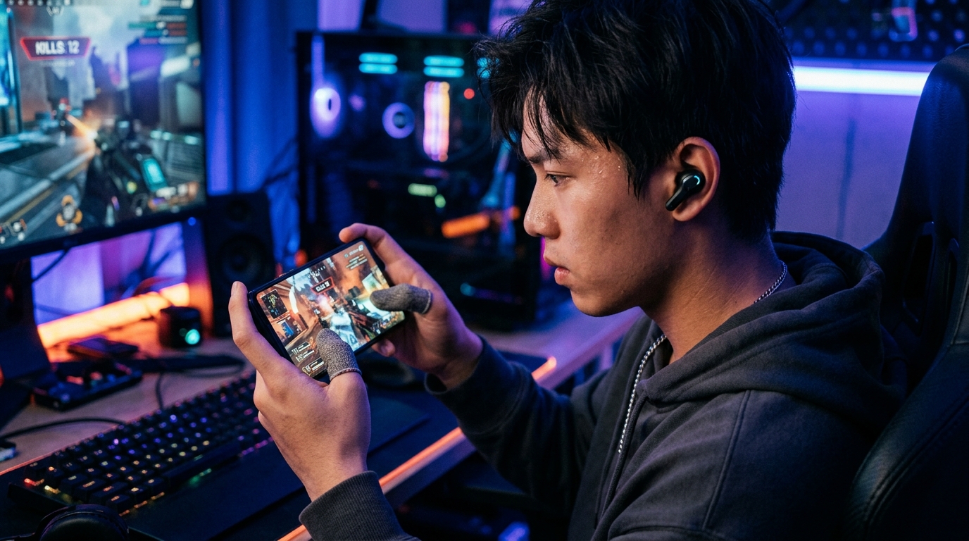 Mobile gamer using wireless earbuds and finger sleeves