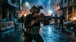 Task Force operator aiming SMG in rainy urban warzone