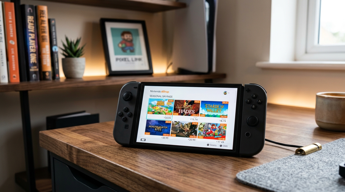 Nintendo Switch console displaying the Nintendo eShop sales and promotions catalog on screen
