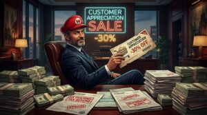 Satire d'un cadre Nintendo devant des liasses de billets de remboursement fiscal et des soldes a -30%