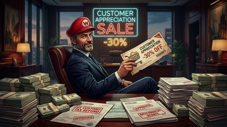 Satire d'un cadre Nintendo devant des liasses de billets de remboursement fiscal et des soldes a -30%