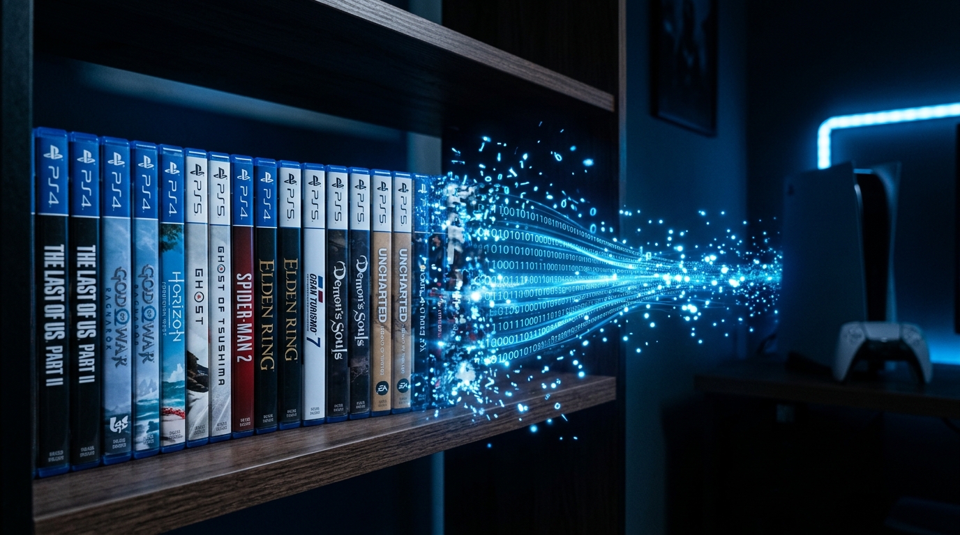 PS5 physical games shelf and transition to digital