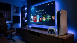 PlayStation 5 console and DualSense controller displaying game library dashboard